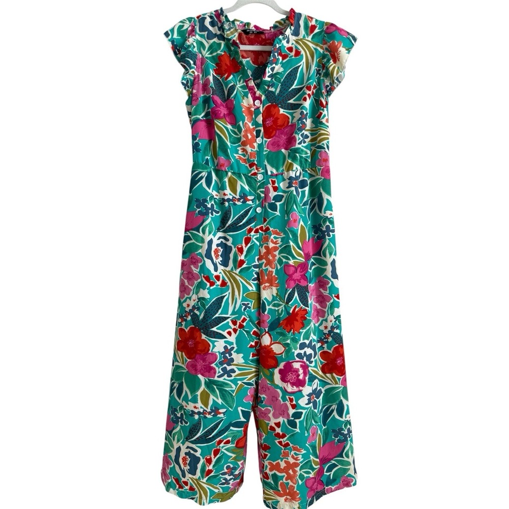 Bloomchic Tropical Floral Jumpsuit Teal/Multicolor Lightweight‎ Wide Leg Size 12